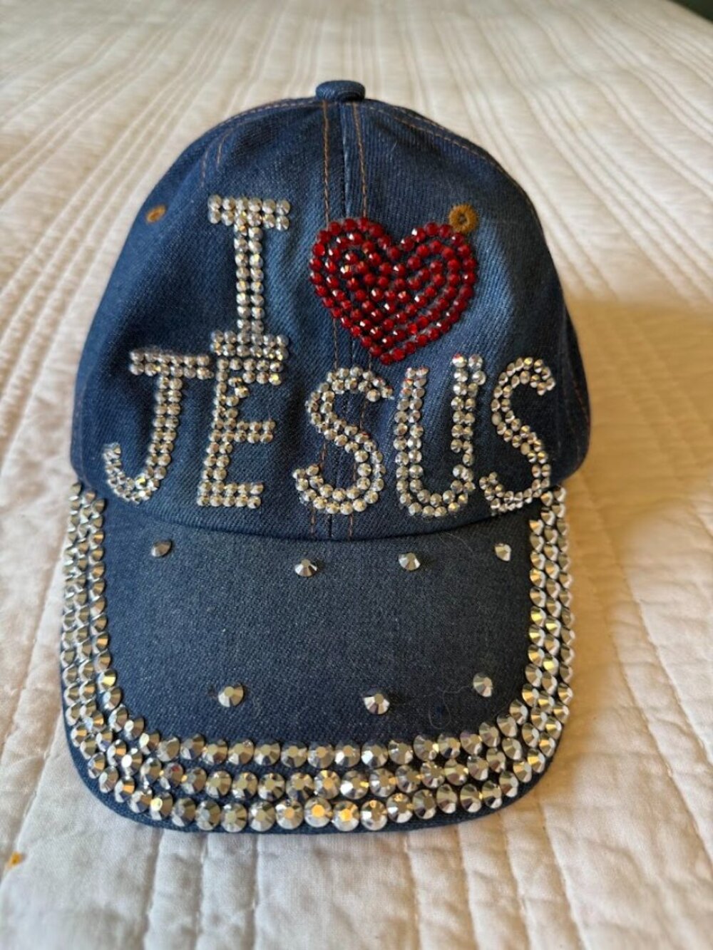 Mad Hatter NWT Bedazzled I Heart Jesus Baseball Denim Ball Cap Women's